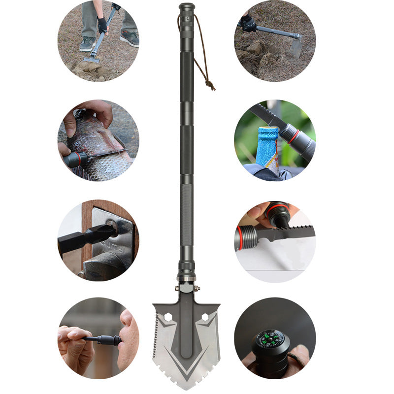Multifunktionale Camping Schaufel – Hacke mit Messer, Schraubendreher & Kompass