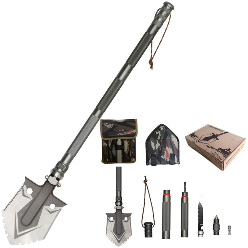 Multifunktionale Camping Schaufel – Hacke mit Messer, Schraubendreher & Kompass