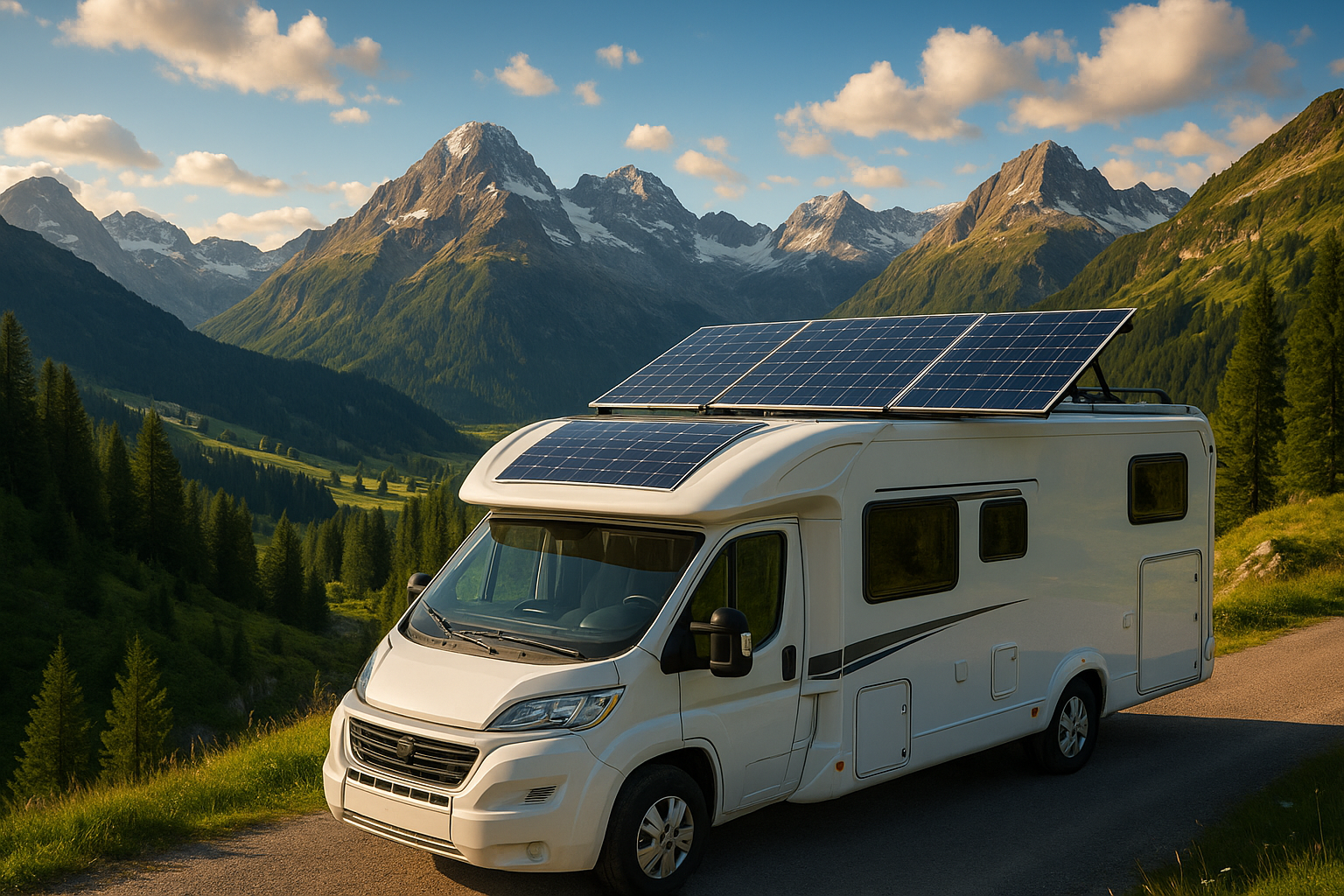 wohnmobil mit solarpanel in berge